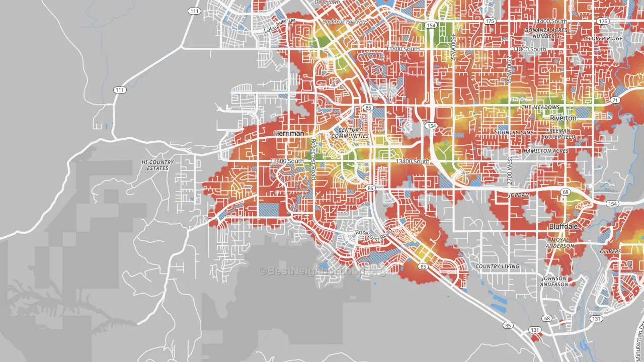 Walk Grade map of Herriman, UT, walkable areas in green and car-dependent areas in red