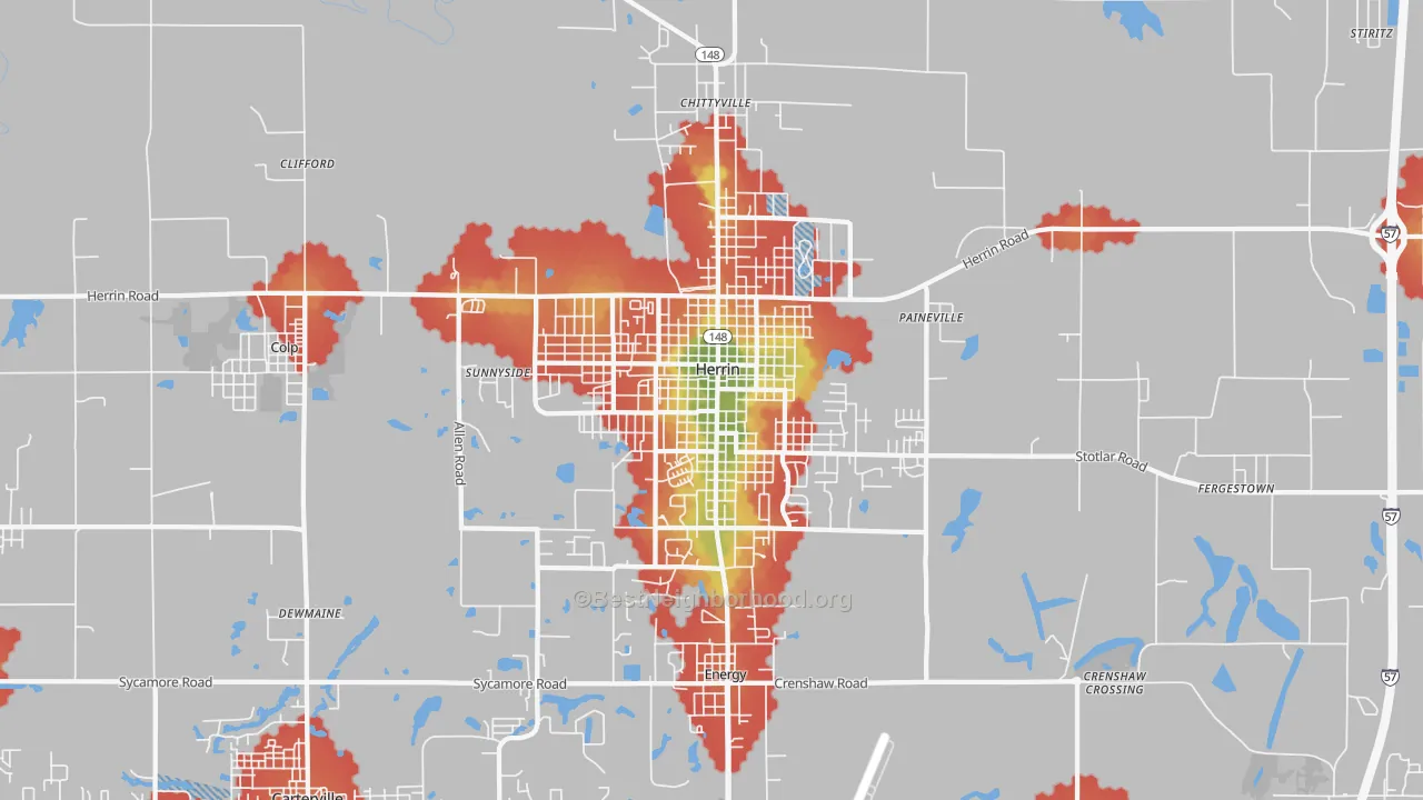 Walk Grade map of Herrin, IL, walkable areas in green and car-dependent areas in red