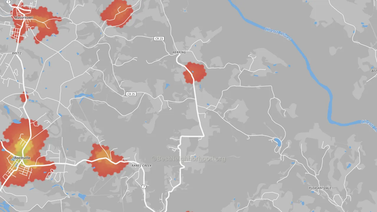Walk Grade map of Herring, WV, walkable areas in green and car-dependent areas in red