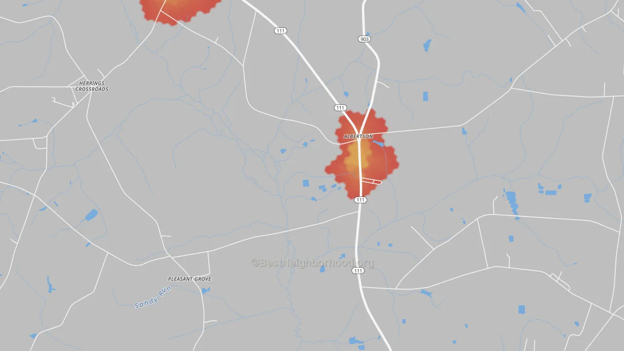 Walk Grade map of Herrings Crossroads, NC, walkable areas in green and car-dependent areas in red