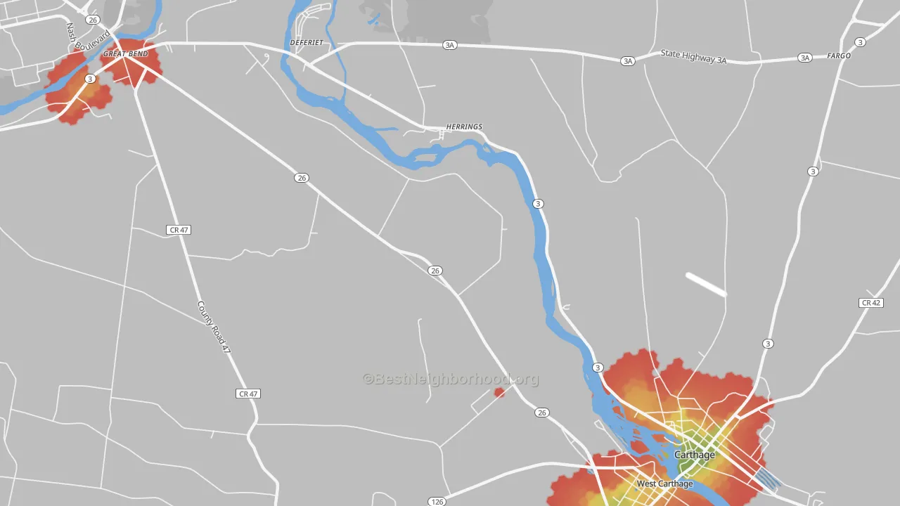 Walk Grade map of Herrings, NY, walkable areas in green and car-dependent areas in red