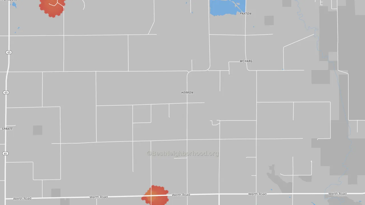 Walk Grade map of Herron, MI, walkable areas in green and car-dependent areas in red