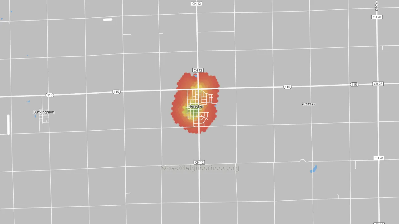 Walk Grade map of Herscher, IL, walkable areas in green and car-dependent areas in red
