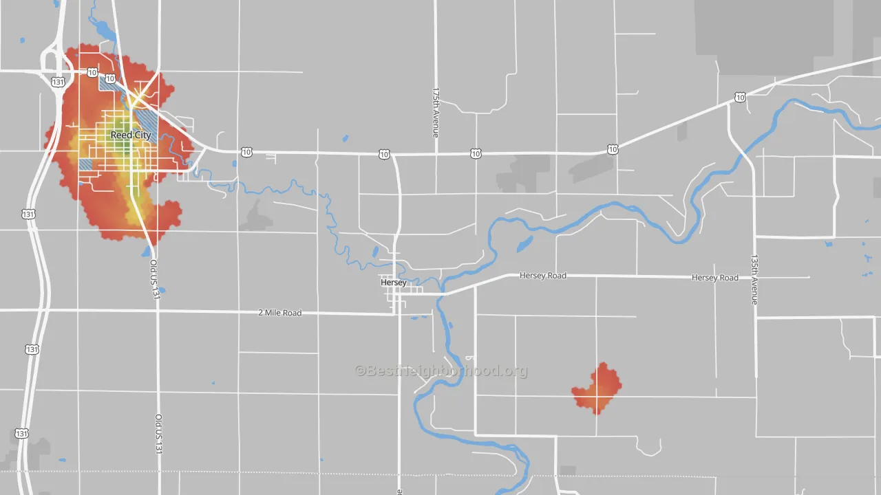 Walk Grade map of Hersey, MI, walkable areas in green and car-dependent areas in red