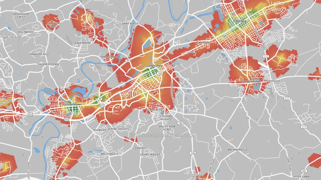 Walk Grade map of Hershey, PA, walkable areas in green and car-dependent areas in red