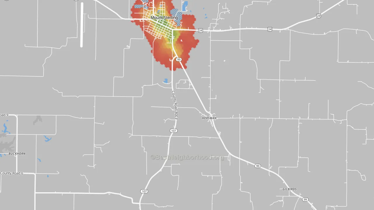 Walk Grade map of Hersman, IL, walkable areas in green and car-dependent areas in red