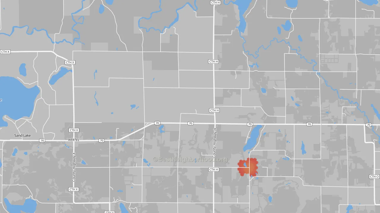 Walk Grade map of Hertel, WI, walkable areas in green and car-dependent areas in red