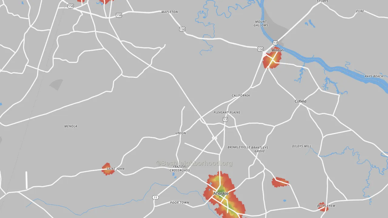 Walk Grade map of Hertford County, NC, walkable areas in green and car-dependent areas in red