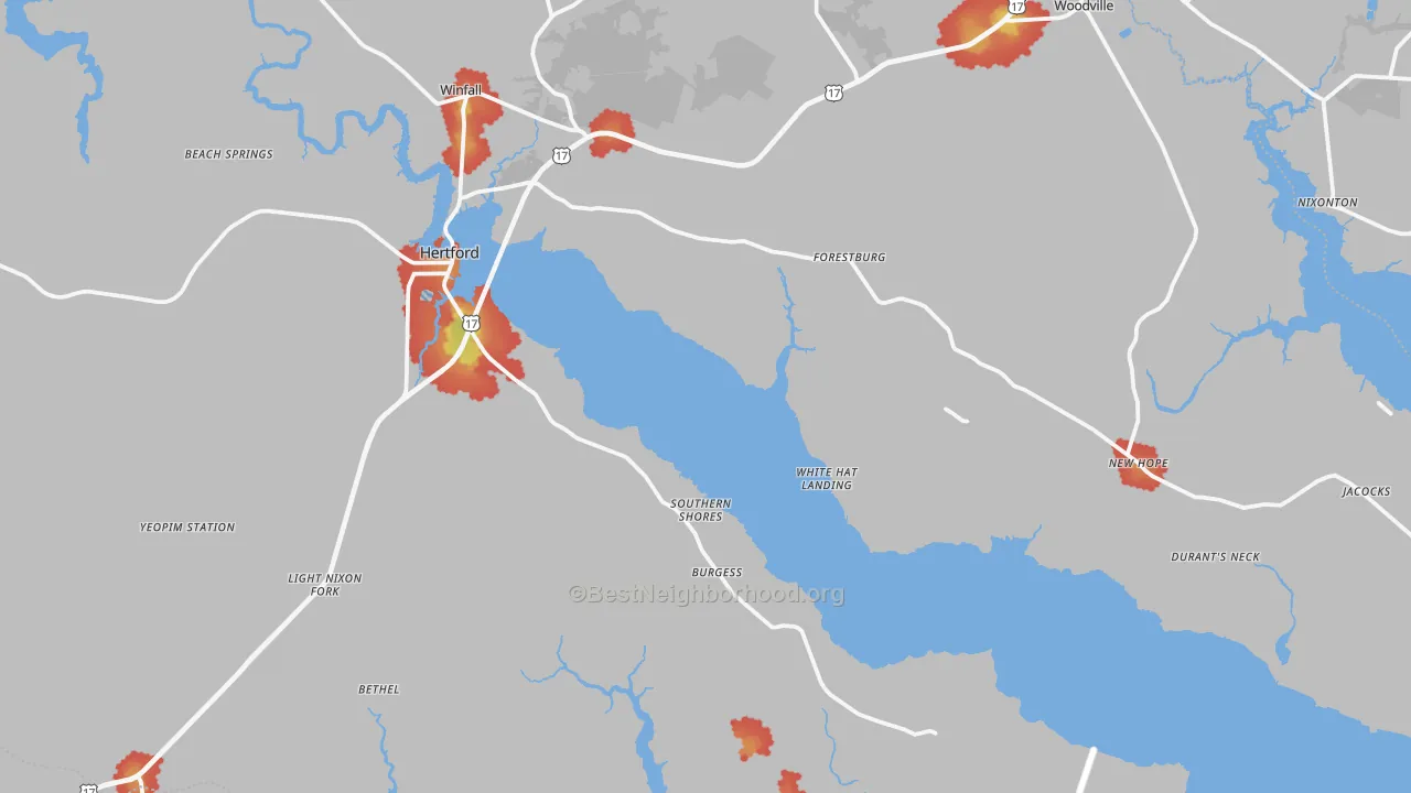 Walk Grade map of Hertford, NC, walkable areas in green and car-dependent areas in red