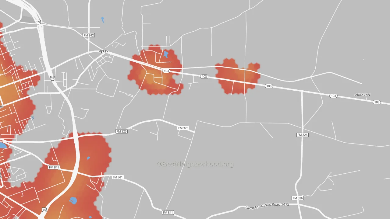 Walk Grade map of Herty, TX, walkable areas in green and car-dependent areas in red