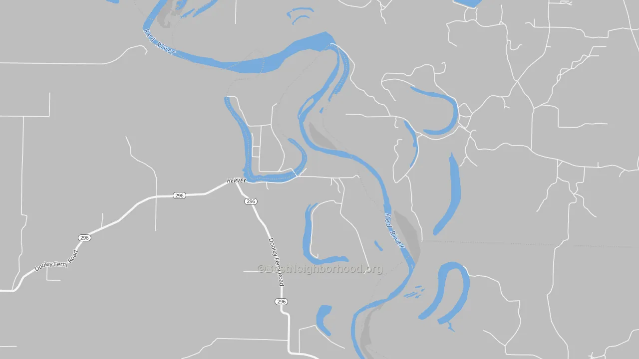 Walk Grade map of Hervey, AR, walkable areas in green and car-dependent areas in red