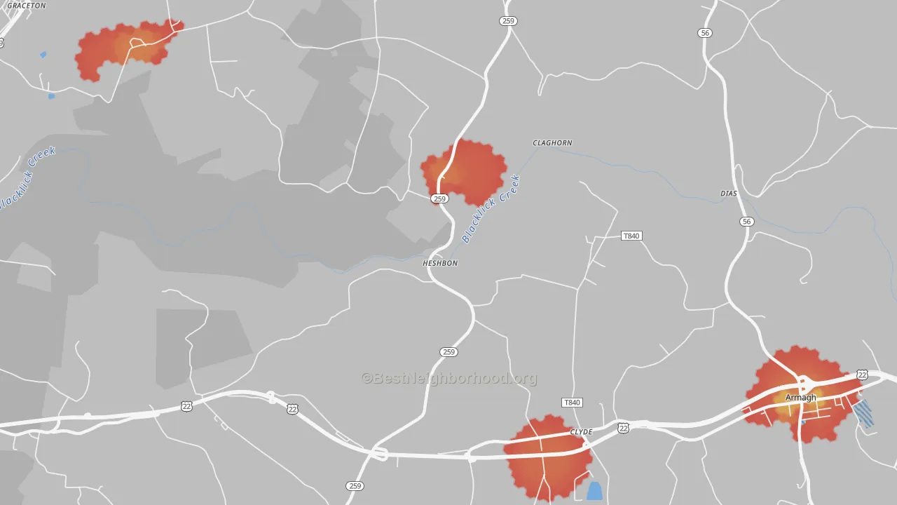 Walk Grade map of Heshbon, PA, walkable areas in green and car-dependent areas in red