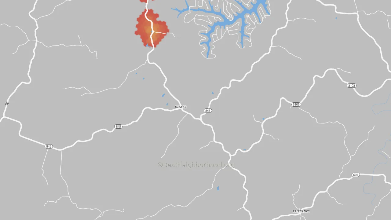 Walk Grade map of Hesler, KY, walkable areas in green and car-dependent areas in red