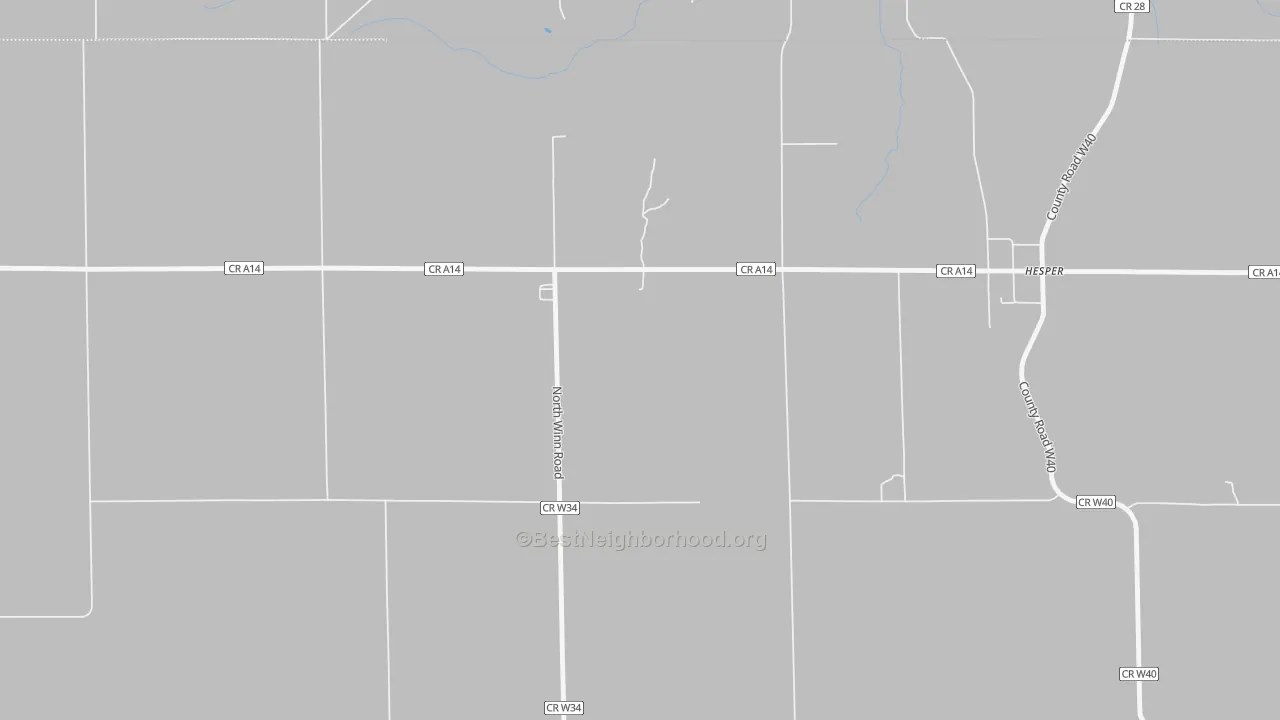 Walk Grade map of Hesper, IA, walkable areas in green and car-dependent areas in red