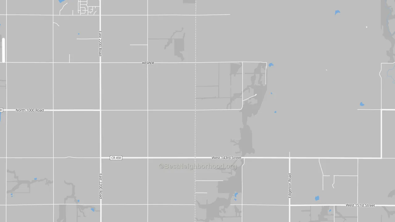Walk Grade map of Hesper, KS, walkable areas in green and car-dependent areas in red