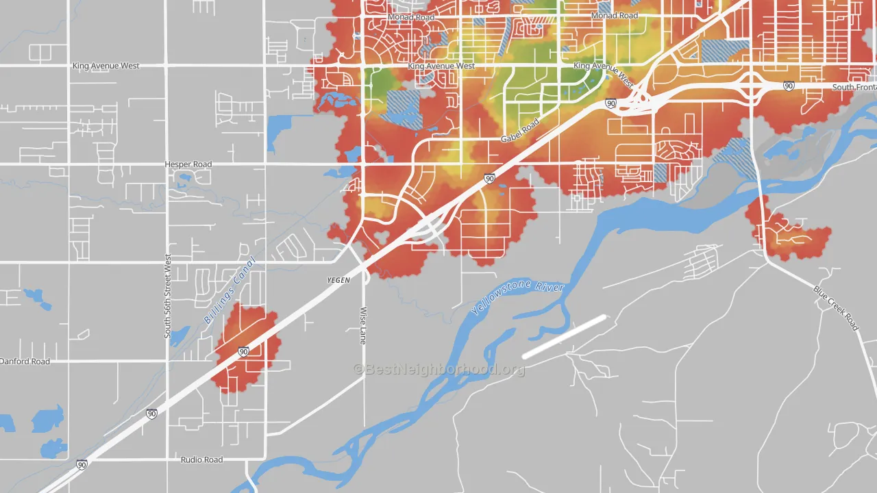 Walk Grade map of Hesper, MT, walkable areas in green and car-dependent areas in red