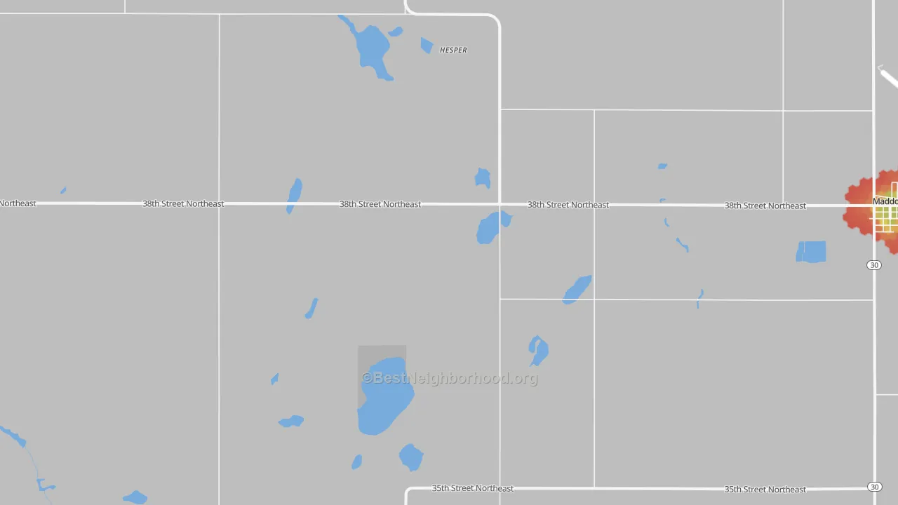 Walk Grade map of Hesper, ND, walkable areas in green and car-dependent areas in red