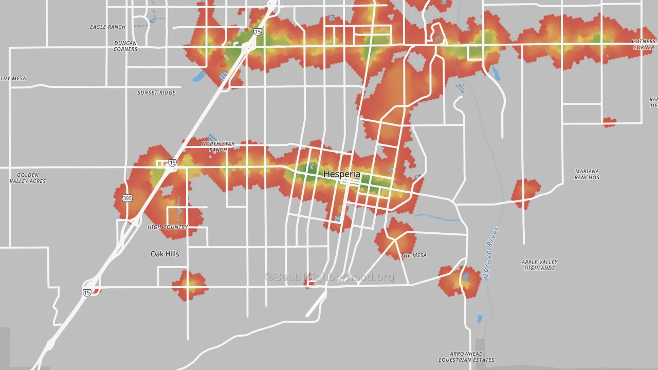Walk Grade map of Hesperia, CA, walkable areas in green and car-dependent areas in red
