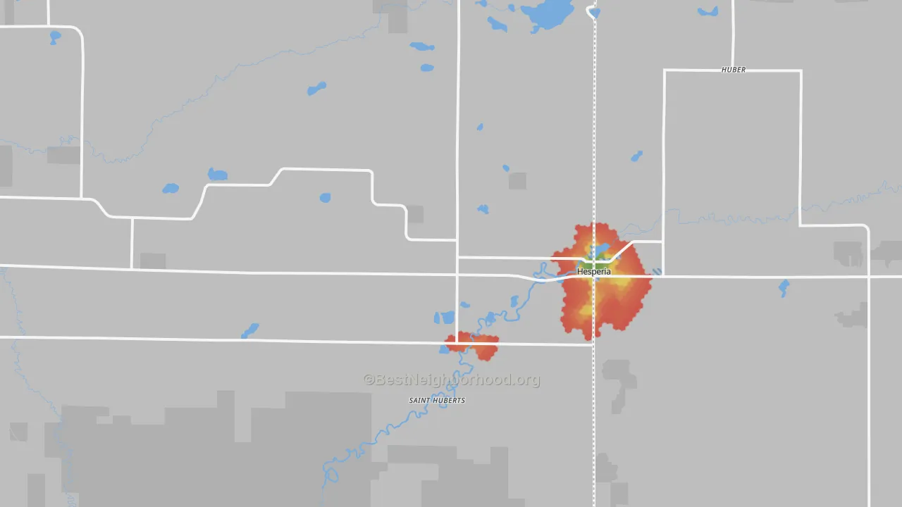 Walk Grade map of Hesperia, MI, walkable areas in green and car-dependent areas in red