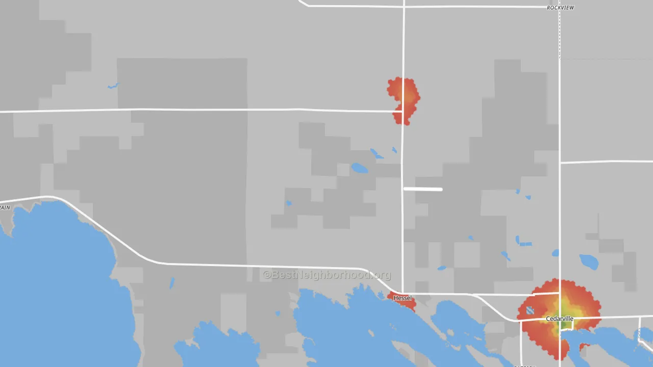 Walk Grade map of Hessel, MI, walkable areas in green and car-dependent areas in red