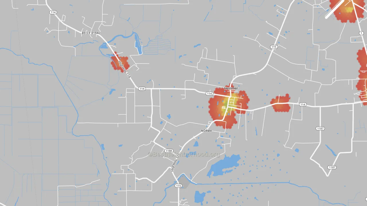 Walk Grade map of Hessmer, LA, walkable areas in green and car-dependent areas in red