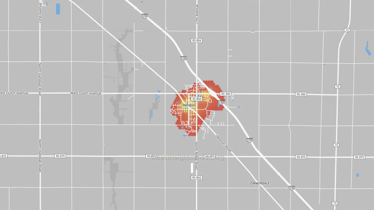 Walk Grade map of Hesston, KS, walkable areas in green and car-dependent areas in red
