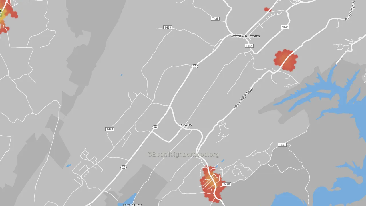 Walk Grade map of Hesston, PA, walkable areas in green and car-dependent areas in red