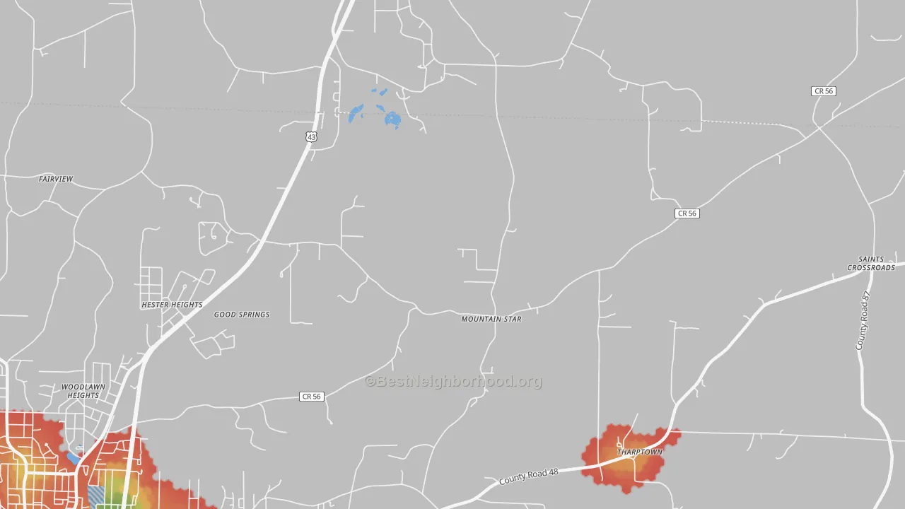 Walk Grade map of Hester Heights, AL, walkable areas in green and car-dependent areas in red