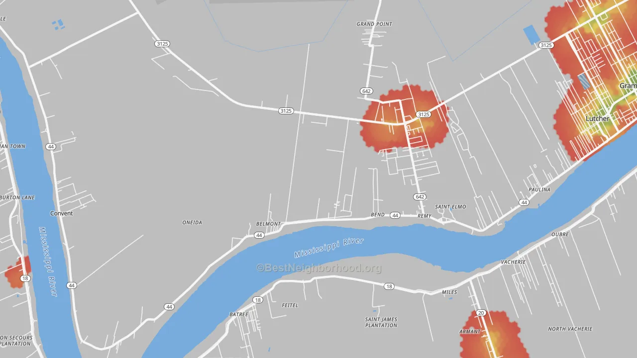 Walk Grade map of Hester, LA, walkable areas in green and car-dependent areas in red