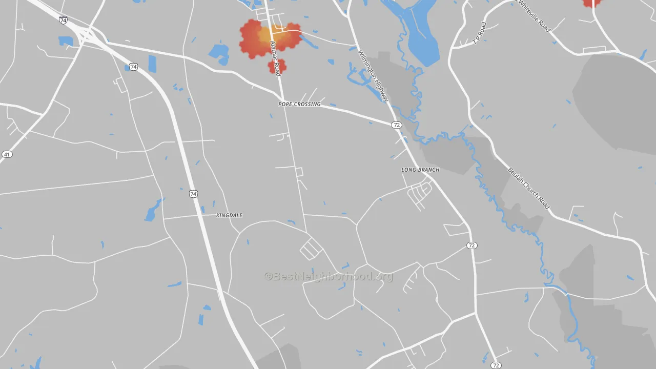 Walk Grade map of Hestertown, NC, walkable areas in green and car-dependent areas in red