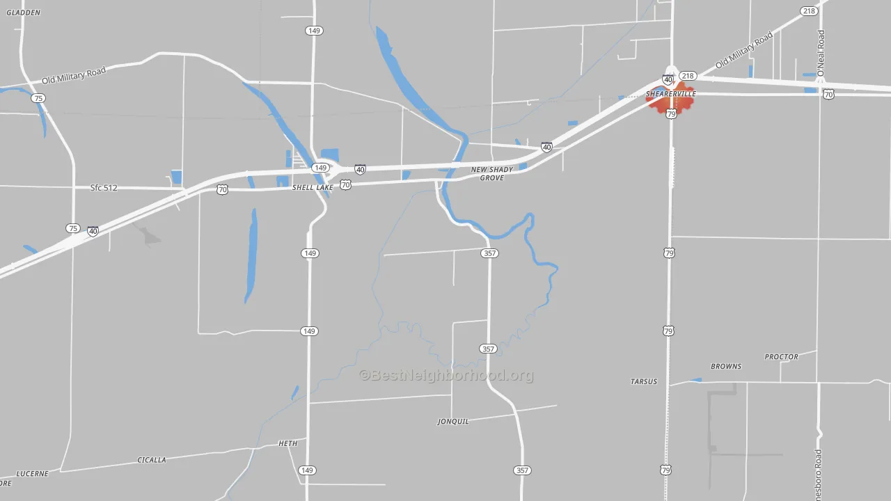 Walk Grade map of Heth, AR, walkable areas in green and car-dependent areas in red