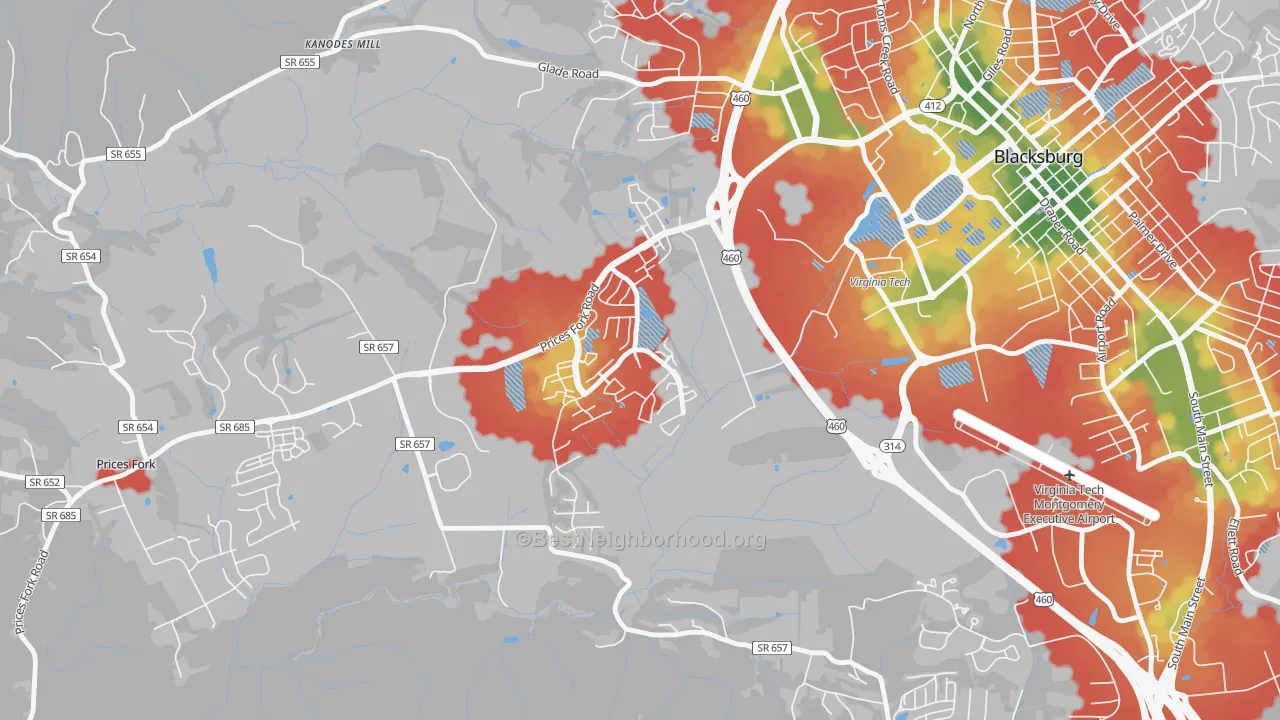 Walk Grade map of Hethwood-Prices Fork, Blacksburg, VA, walkable areas in green and car-dependent areas in red