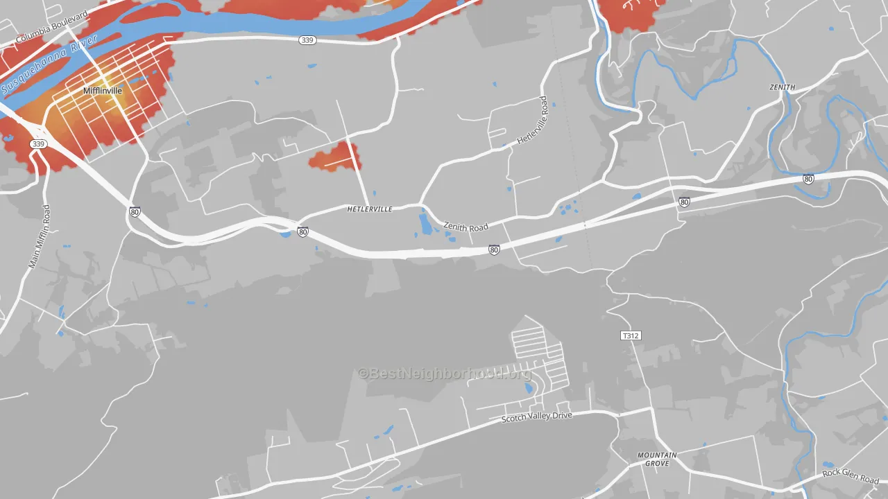 Walk Grade map of Hetlerville, PA, walkable areas in green and car-dependent areas in red