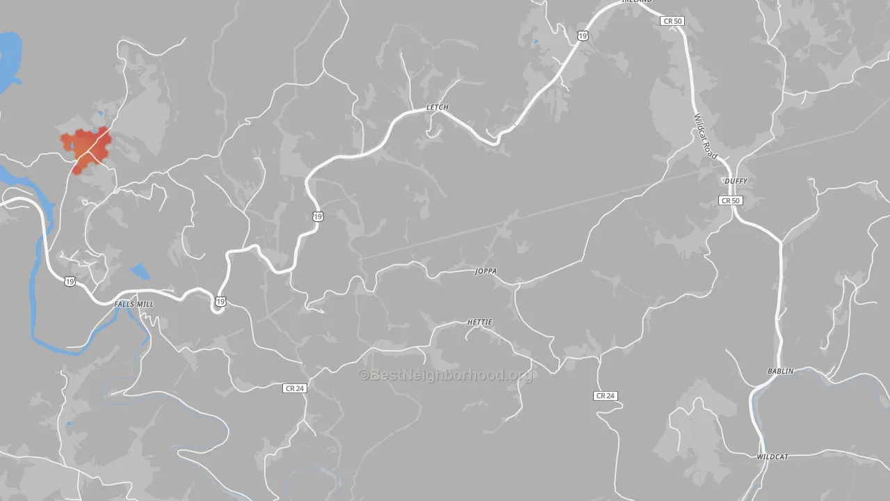 Walk Grade map of Hettie, WV, walkable areas in green and car-dependent areas in red