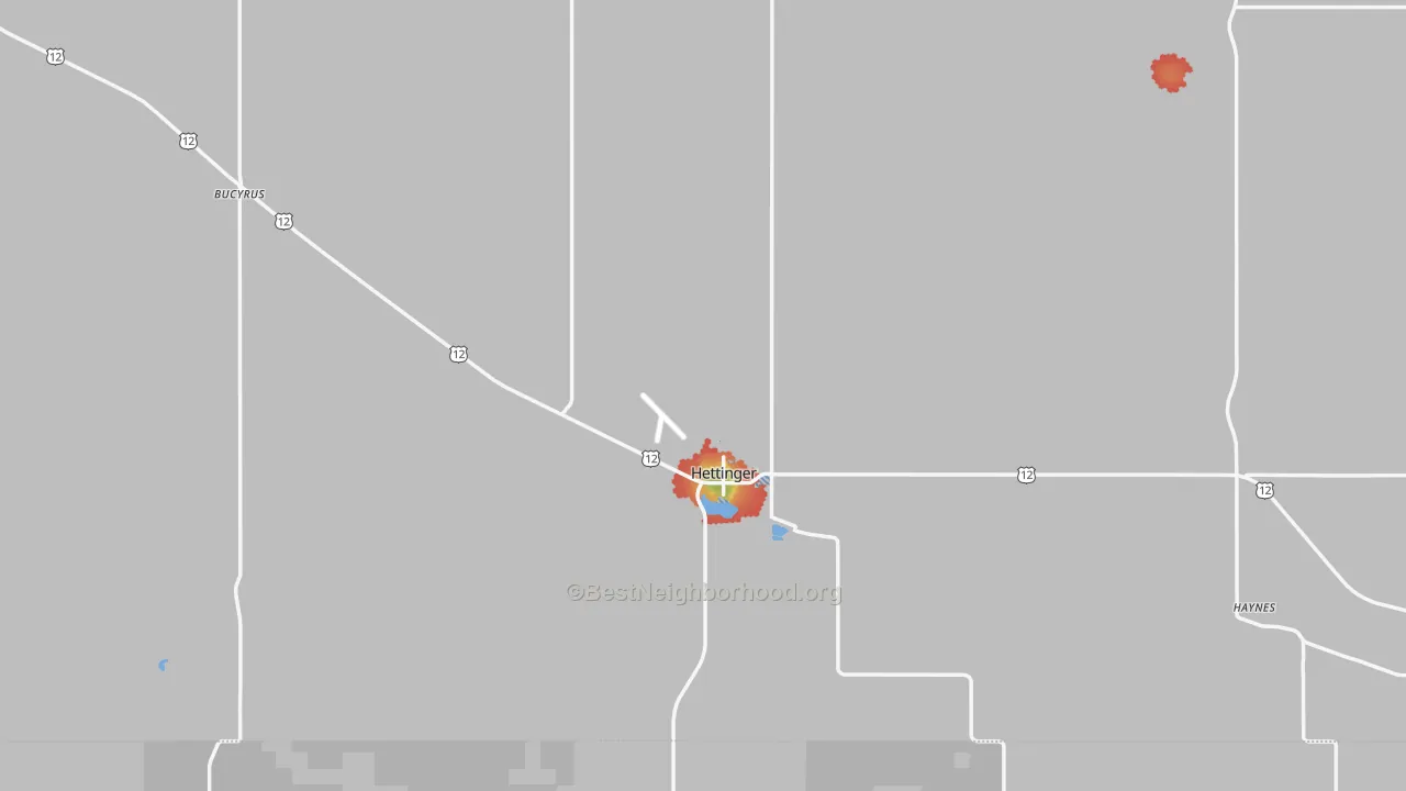 Walk Grade map of Hettinger, ND, walkable areas in green and car-dependent areas in red