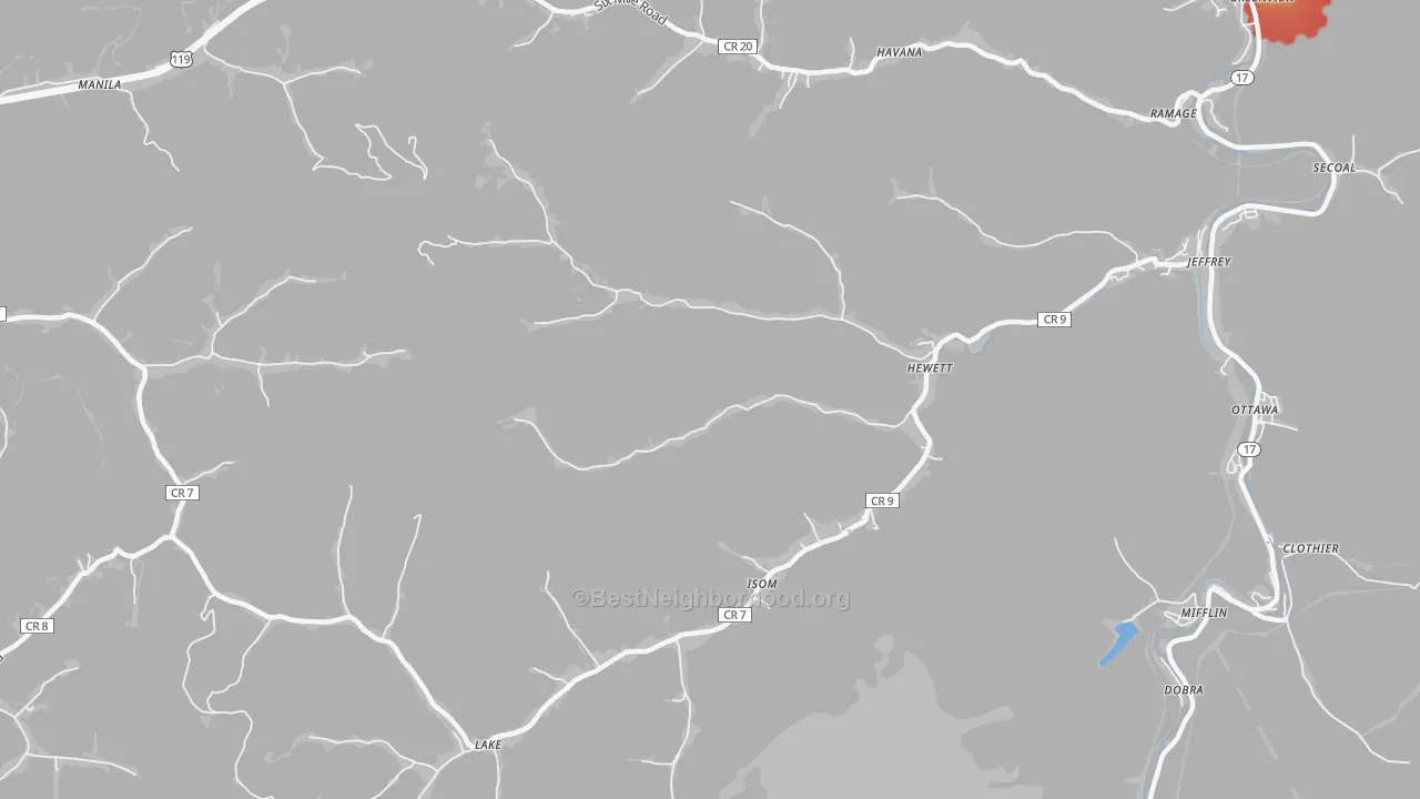 Walk Grade map of Hewett, WV, walkable areas in green and car-dependent areas in red
