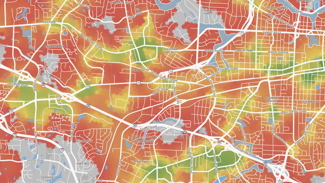 Walk Grade map of Hewitt Area, Greensboro, NC, walkable areas in green and car-dependent areas in red