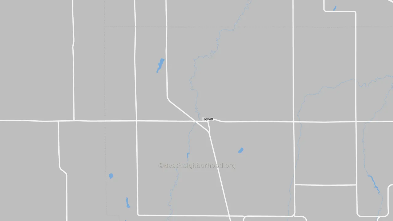 Walk Grade map of Hewitt, MN, walkable areas in green and car-dependent areas in red
