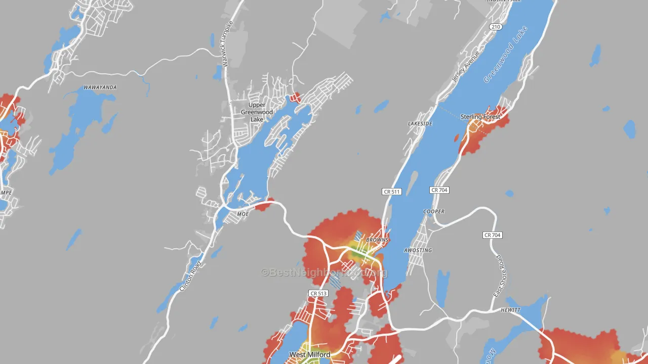 Walk Grade map of Hewitt, NJ, walkable areas in green and car-dependent areas in red