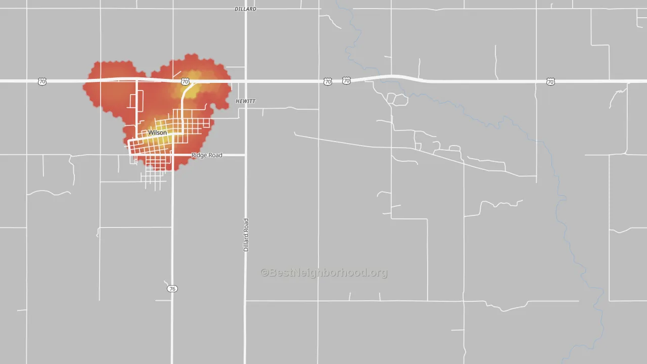 Walk Grade map of Hewitt, OK, walkable areas in green and car-dependent areas in red