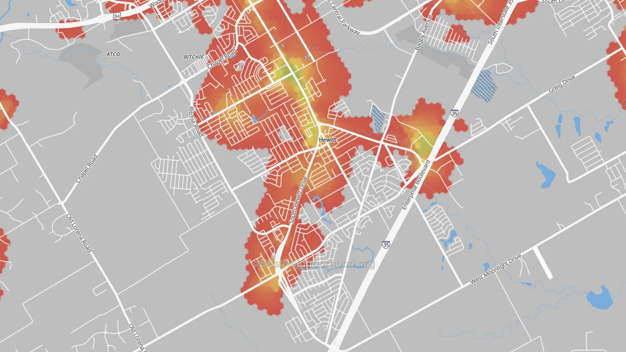 Walk Grade map of Hewitt, TX, walkable areas in green and car-dependent areas in red