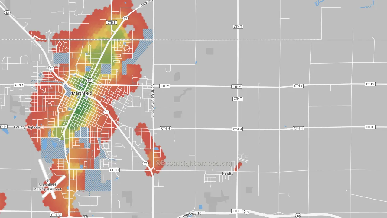 Walk Grade map of Hewitt, WI, walkable areas in green and car-dependent areas in red