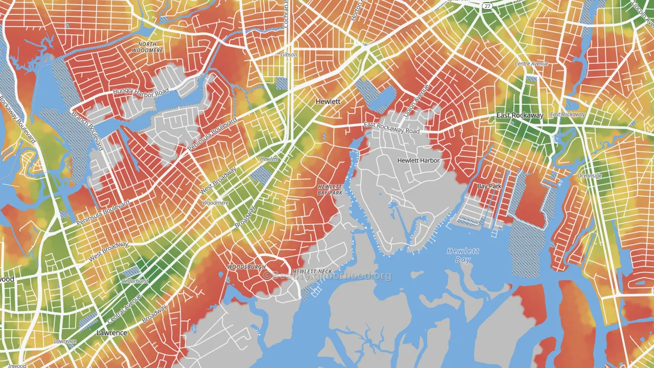 Walk Grade map of Hewlett Bay Park, NY, walkable areas in green and car-dependent areas in red