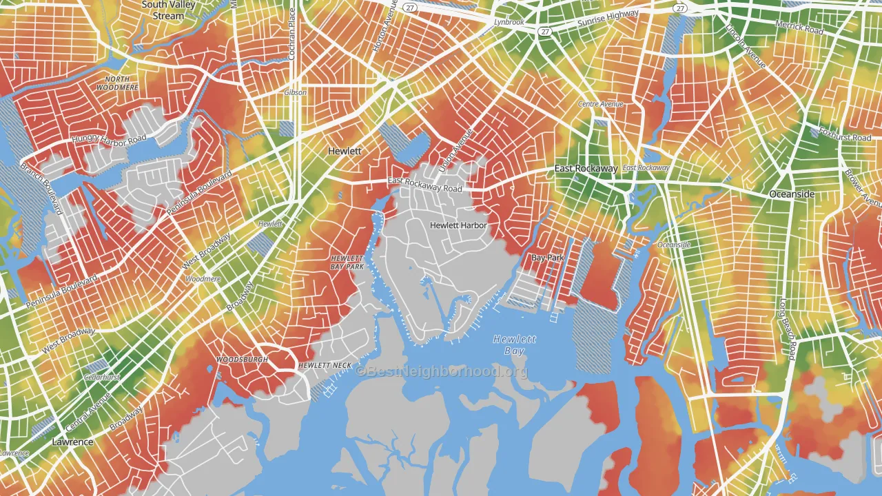 Walk Grade map of Hewlett Harbor, NY, walkable areas in green and car-dependent areas in red