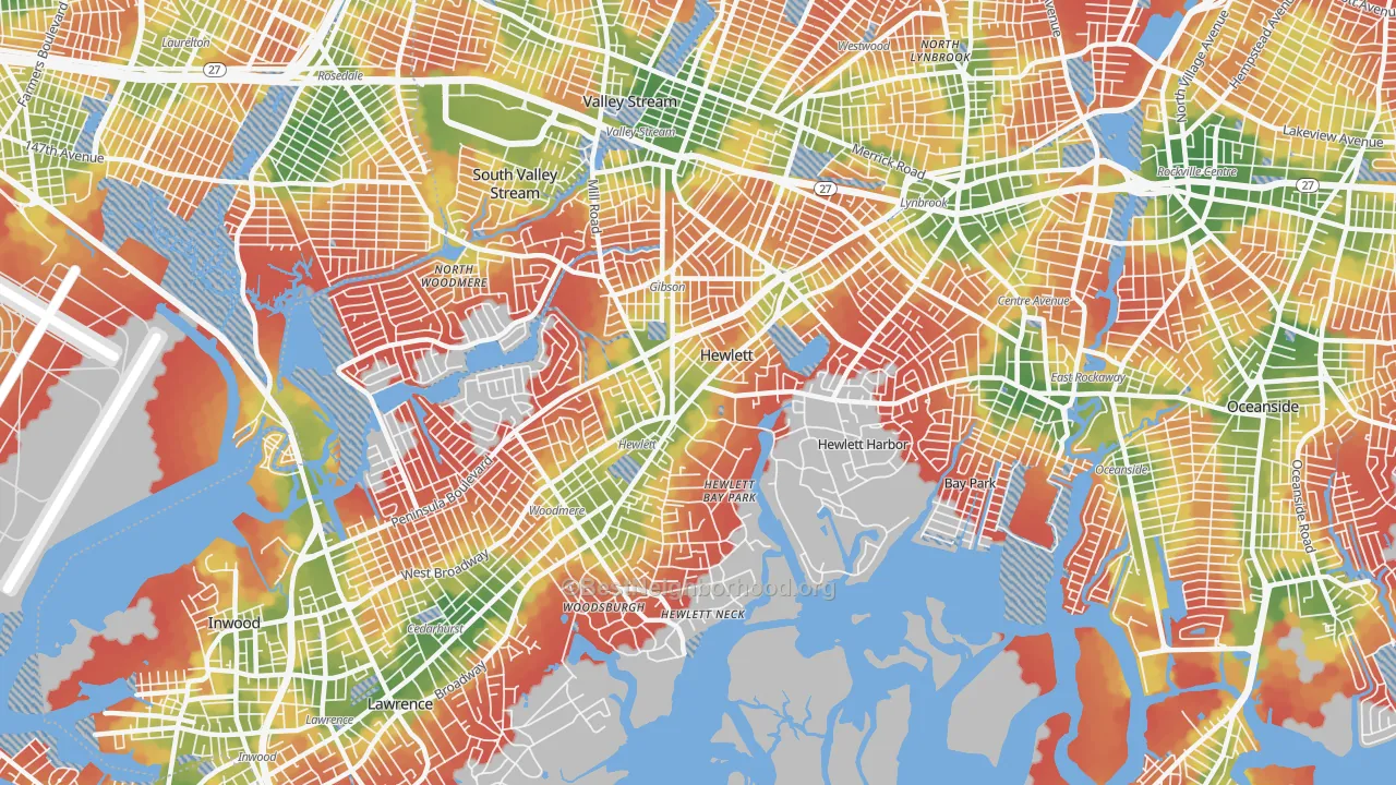 Walk Grade map of Hewlett, NY, walkable areas in green and car-dependent areas in red