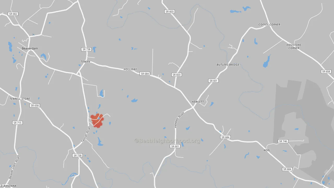 Walk Grade map of Hewlett, VA, walkable areas in green and car-dependent areas in red