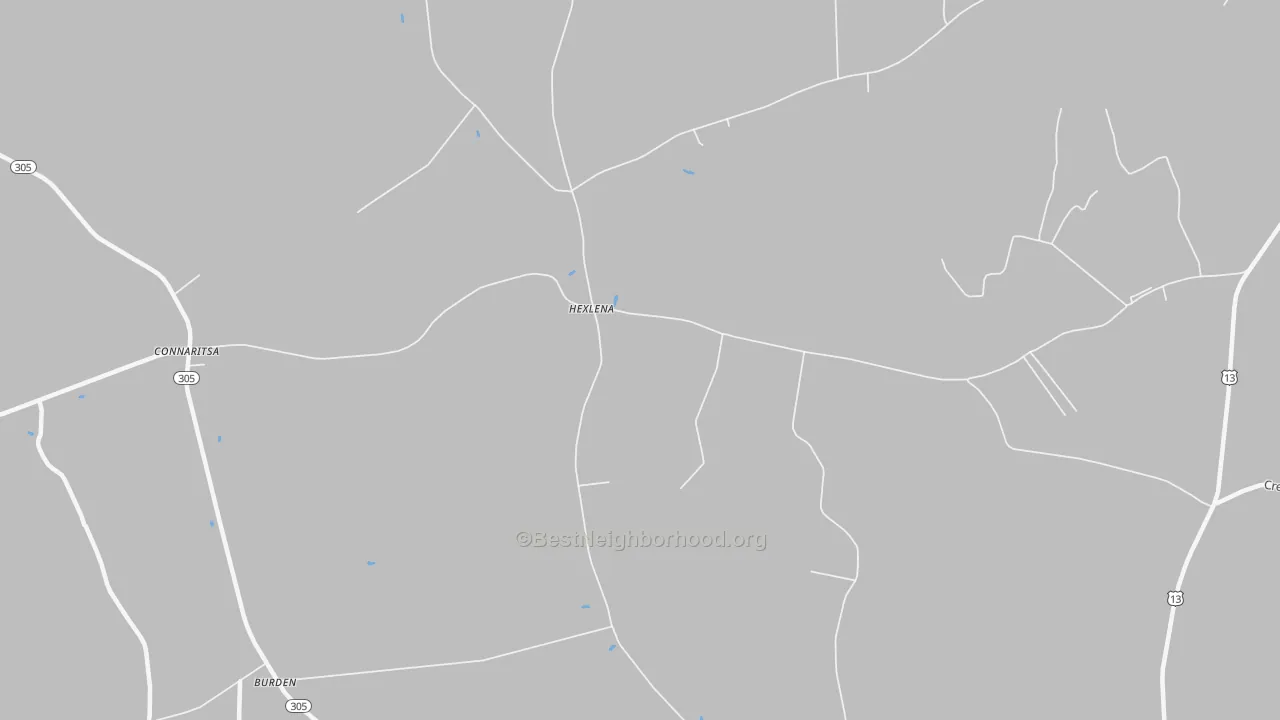 Walk Grade map of Hexlena, NC, walkable areas in green and car-dependent areas in red