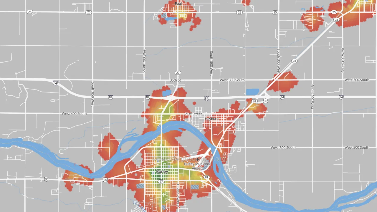 Walk Grade map of Heyburn, ID, walkable areas in green and car-dependent areas in red