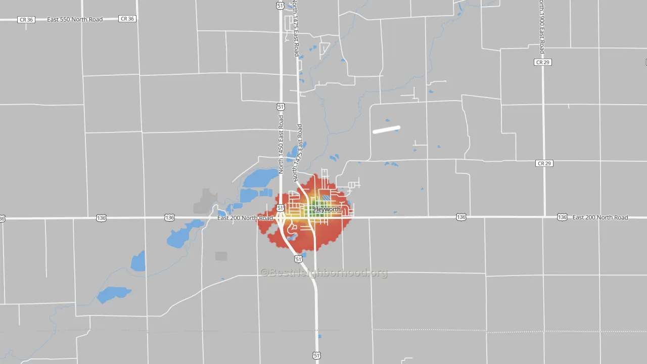 Walk Grade map of Heyworth, IL, walkable areas in green and car-dependent areas in red