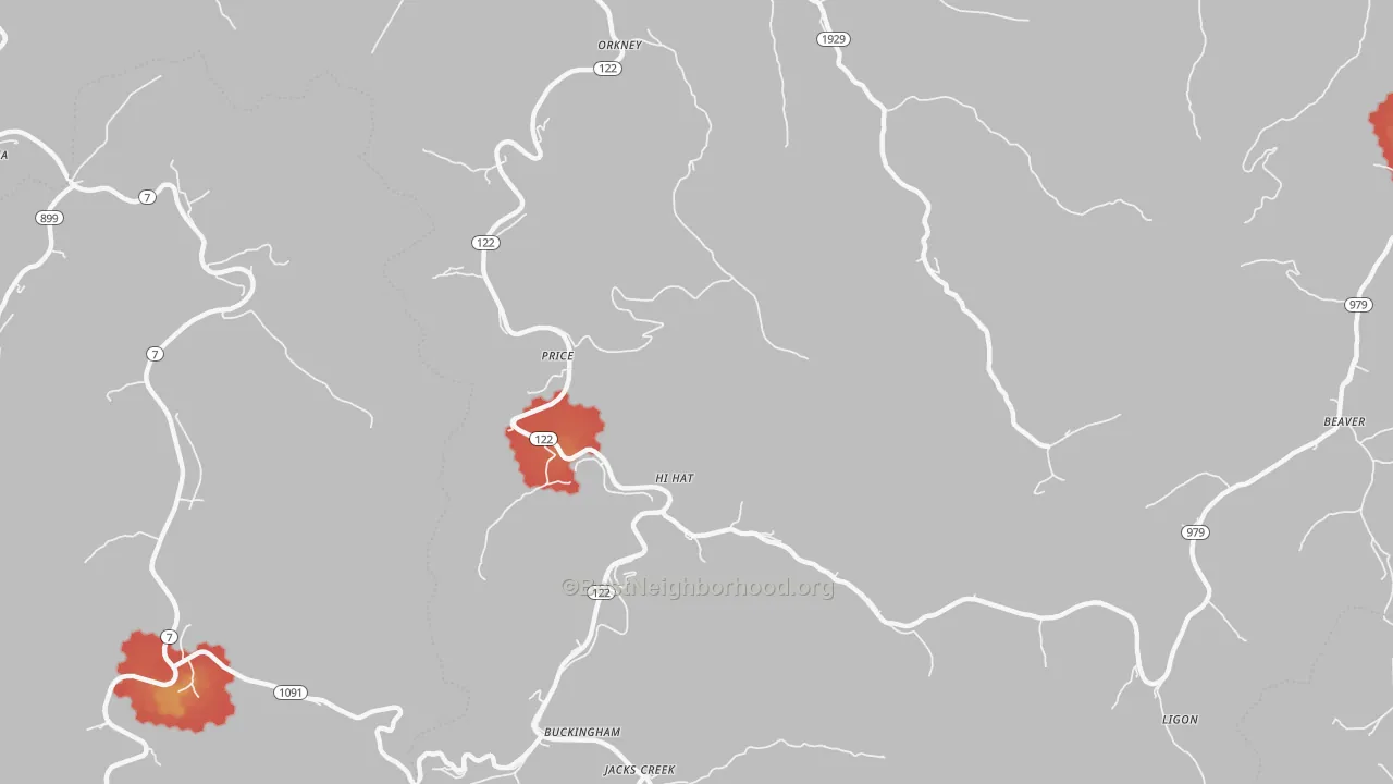 Walk Grade map of Hi Hat, KY, walkable areas in green and car-dependent areas in red